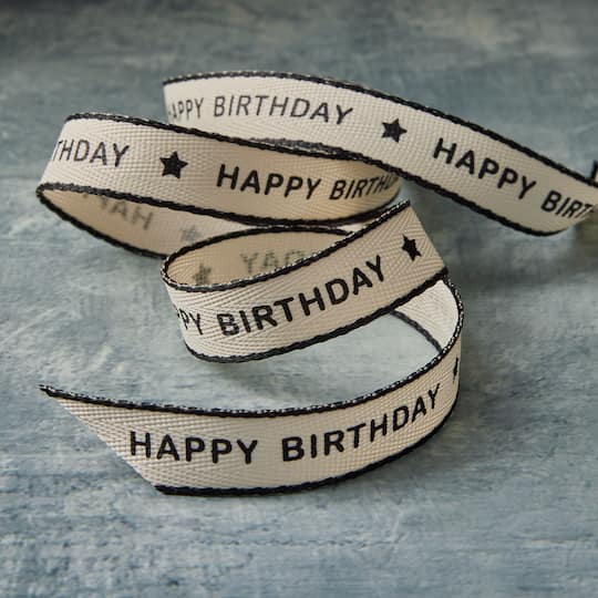 5/8" x 7yd. Black Happy Birthday Faux Linen Ribbon by Celebrate It® Classic